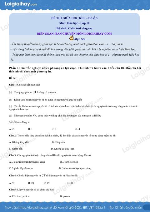 Đề thi giữa kì 1 Hóa 10 Chân trời sáng tạo - Đề số 3